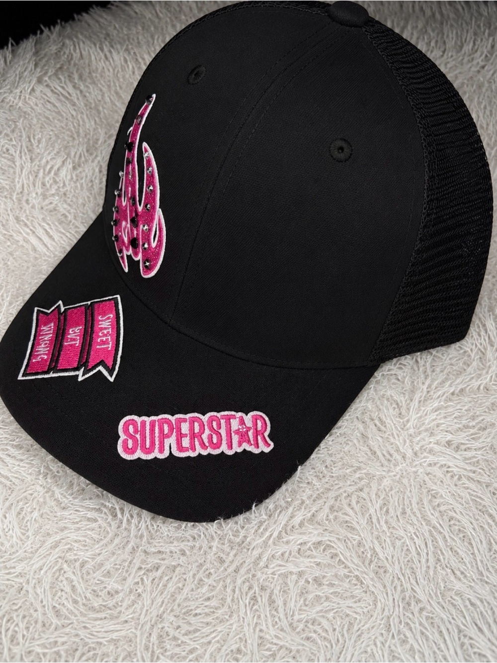 Black Trucker Hat with Pink Flame & 'Superstar' Patches - Picture 3 of 3